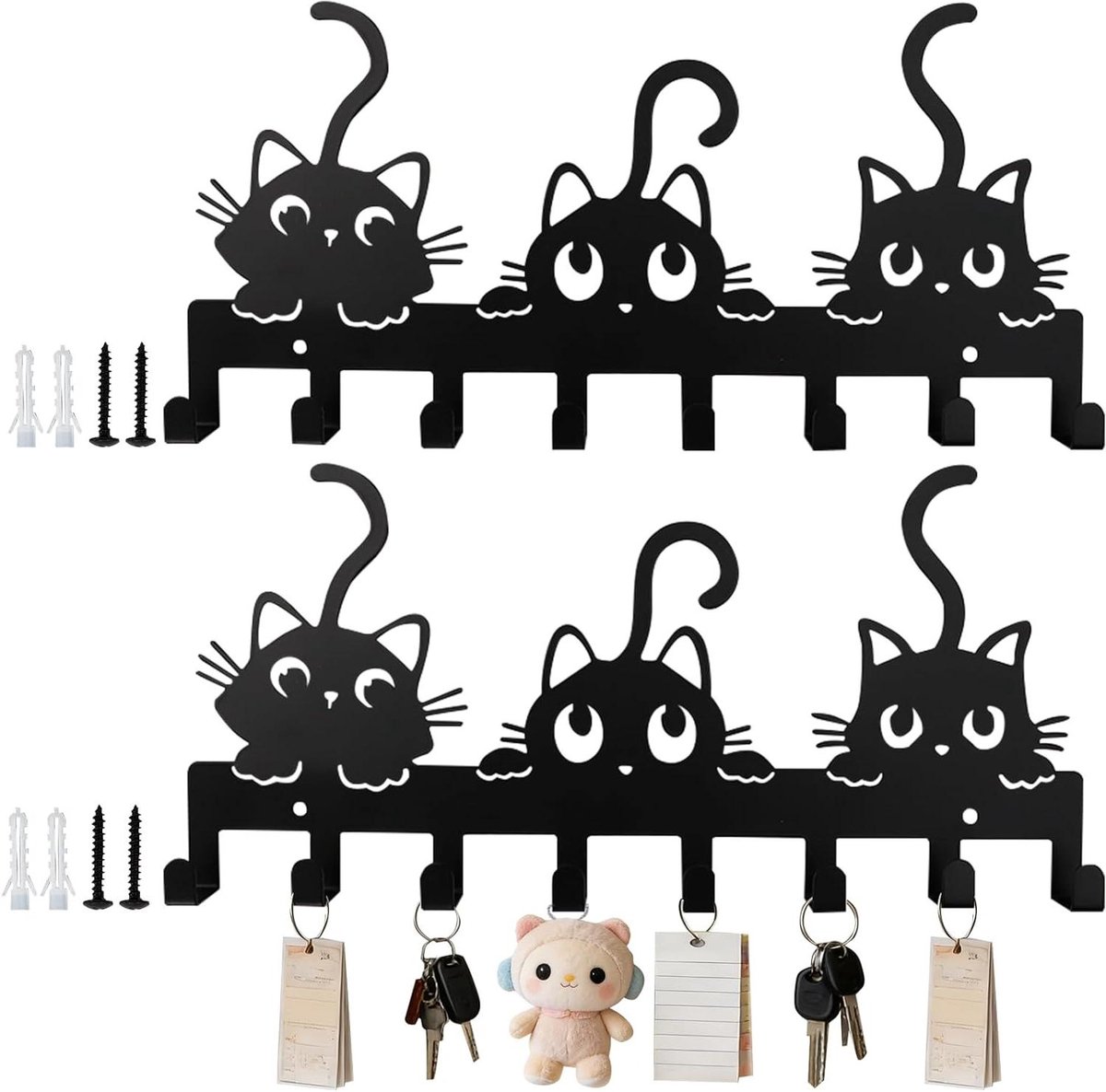 Sleutelrek Katten - Wandhaak - Orde Scheppen - Decoratief Motief - 2 stuks - Zwart
