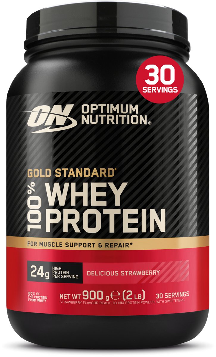 Bol.com Optimum Nutrition Gold Standard 100% Whey Protein - Delicious Strawberry - Proteine Poeder - Eiwitshake - 900 gram (28 s... aanbieding