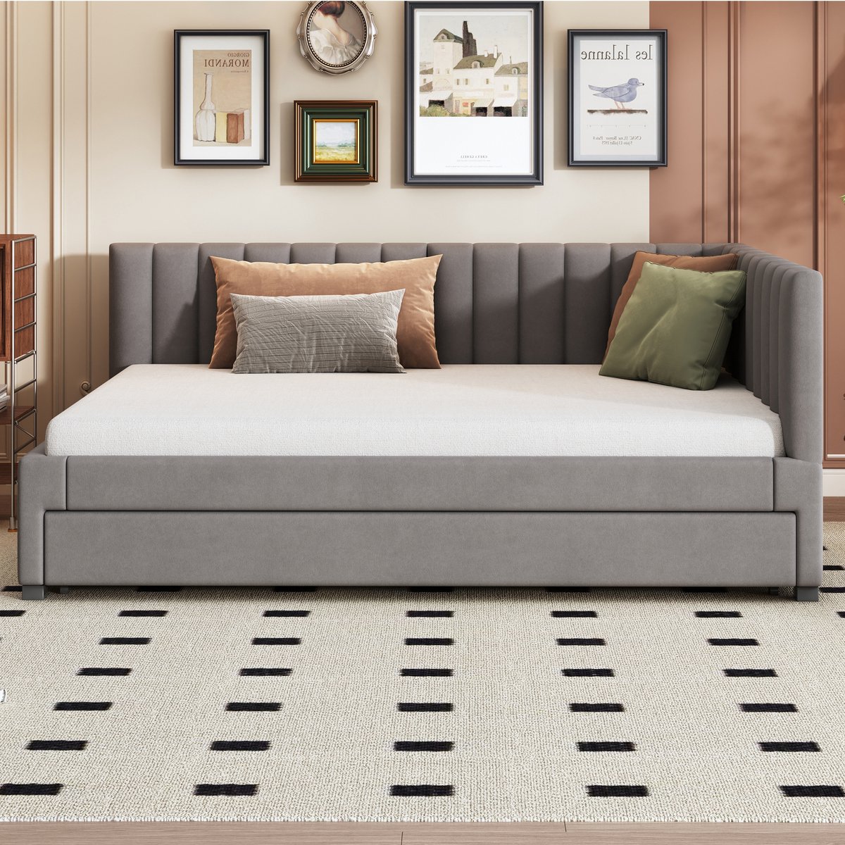 Wishdor Slaapbankbed met Uitschuifbed – 140 x 200 cm – Fluwelen Bekleding Grijs – Lattenbodem met 20 Latten – Ruim 2-in-1 Design – Zachte Dikke Vulling – Ideaal voor Woonkamer of Logeerkamer – Stevig tot 120 kg