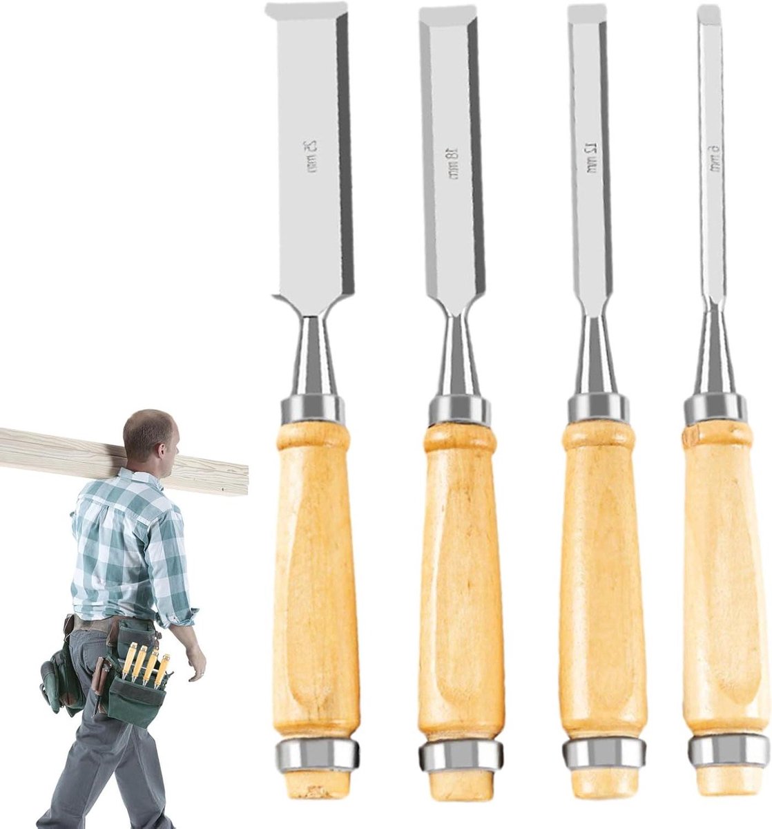 Houtbeitel Set - Afschuinbeitels Hout - Nauwkeurig Snijden - Ergonomisch Ontwerp - 4 Stuks - Houtkleurig