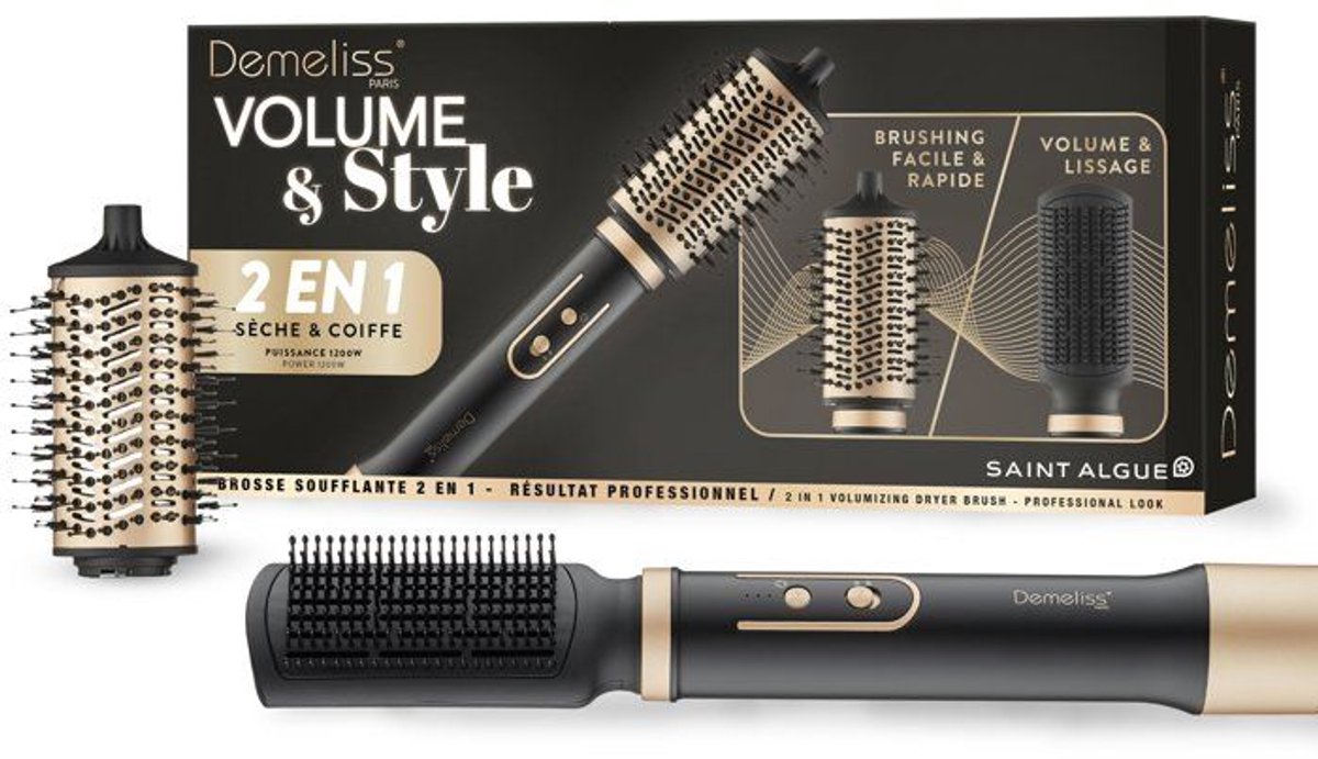 2-in-1 föhnborstel - SAINT ALGUE - Demeliss Volume & Style - 1000 W - 3 temperatuurstanden - Zwart/Goud