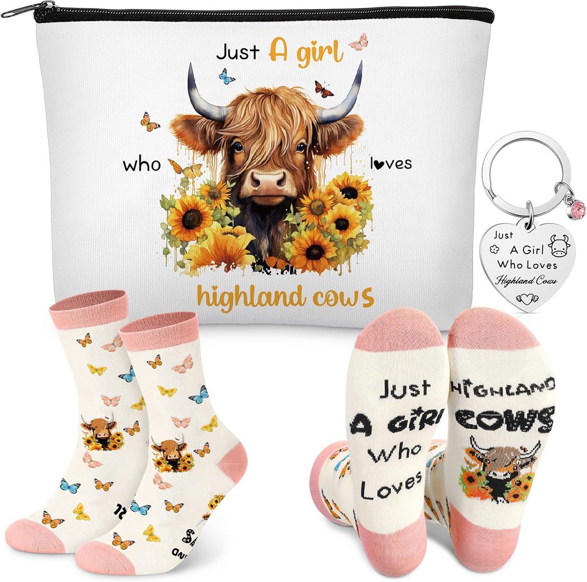 3-delige Cadeauset met Schotse Hooglander Thema: Sleutelhanger, Make-up Tas en Sokken