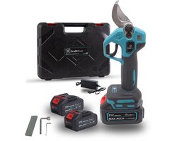 CraftRoot Elektrische Snoeischaar Incl. Opbergkoffer en 2X 4.0Ah Accu’s- Professionele Draadloze Heggenschaar - 32mm Snijdiameter - Elektrische Takkenschaar - Tuin Snoei Schaar voor Heggen & Takken
