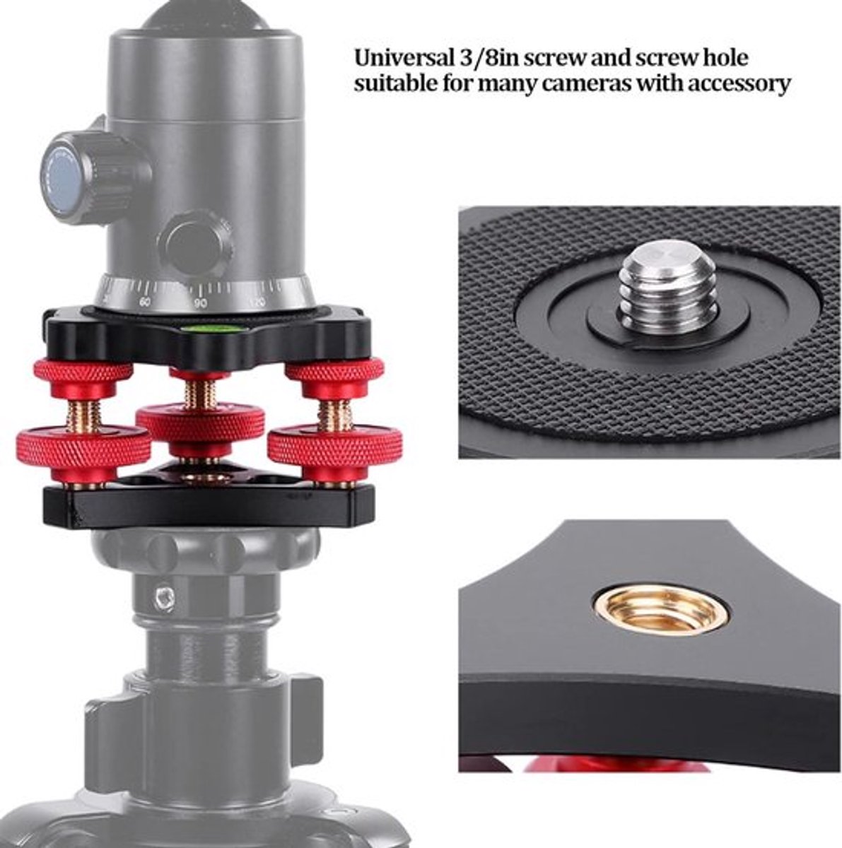 Waterpas Statiefkop van Aluminiumlegering voor Camerastatief, Zwart Anodiseerd, Verstelbaar.
