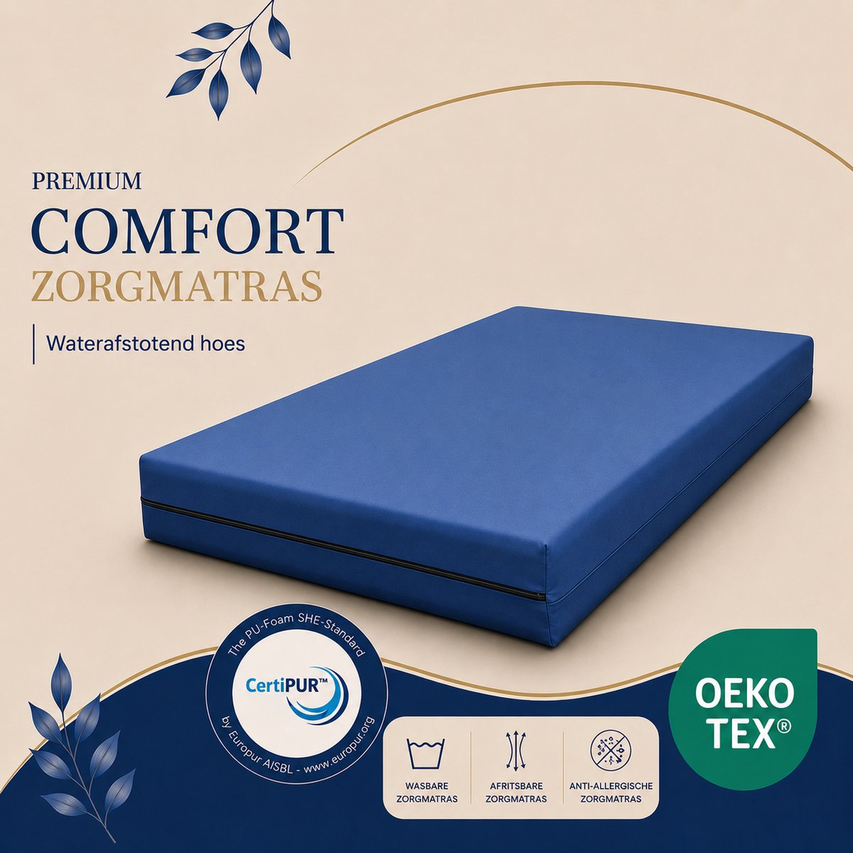 Easy Bedden Zorgmatras Matras - Incontinentie - Waterdicht - Medium Koudschuim HR45 - 80x200 - circa 16 cm - Anti Bacterieel - CertiPUR® en Oekotex gecertificeerd - 100 % Veilig Blauw