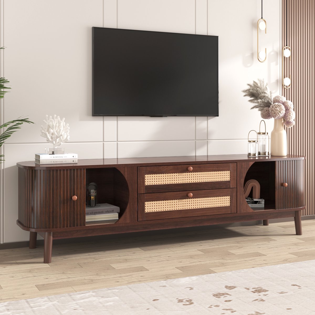 Welltin Tv-meubel in Scandinavische stijl - TV-bankje - TV-kast met opbergruimte - met twee lades - houtnerf - walnootkleur
