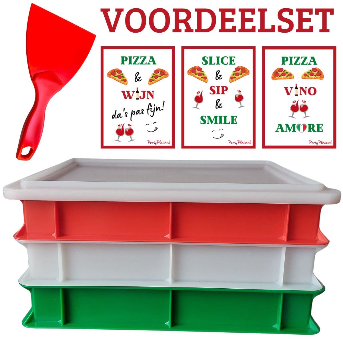 Voordeelset: 3 x Deegkrat Tricolore, 1 x deksel wit, 1 x deegspatel rood