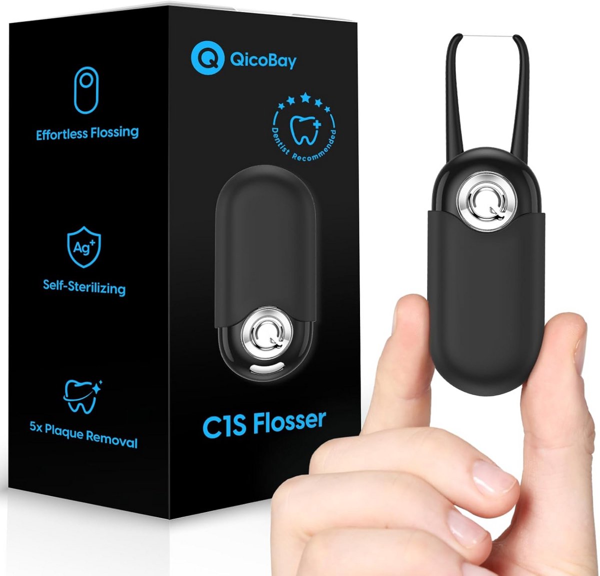 C1S Herbruikbare flosserset, automatisch terugtrekkende flosser met vervangbare flosscapsule, multi-hygiëne, draagbare reisflosser, recyclebaar nul afval, ongearomatiseerd (Abyss Black)