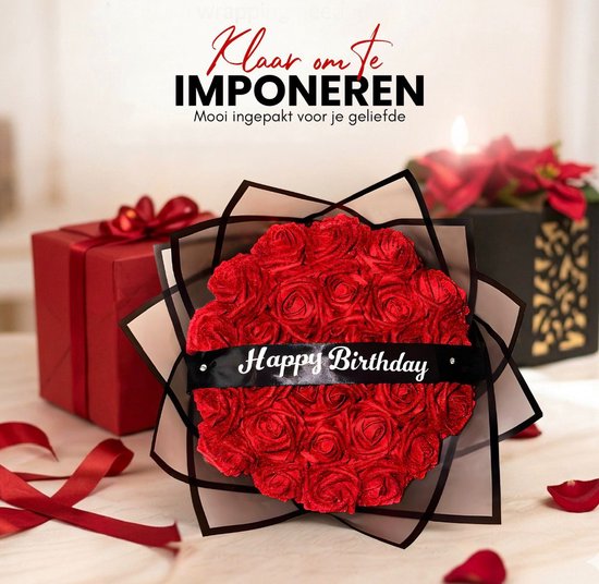 Kunstrozen boeket rood – 20 stuks – met lint – Tekst: Happy Birthday - cadeau