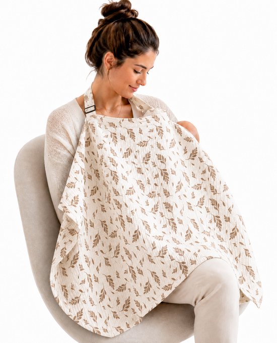 Hydrofiele Borstvoedingsdoek met Verstelbare Nekband – Ademend Voedingsschort – Crème met Bruine Bladeren – 75x95 cm