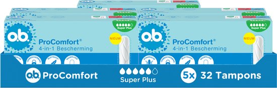 Display met verpakkingen van o.b. ProComfort Super Plus tampons.