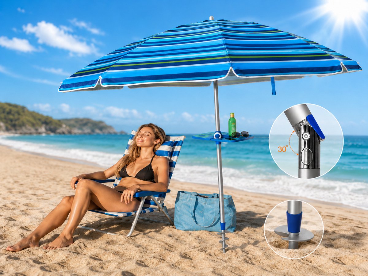 Bol.com Pincho - LUXE KLEURRIJKE ALUMINIUM PARASOL Model 200 - Licht & Donker Blauw Gestreept - 8 Fiber Baleinen - Zandboor - Ka... aanbieding