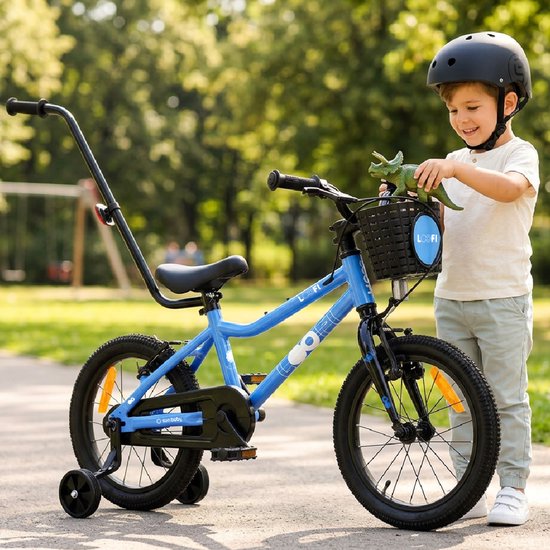 Sun Baby Kinderfiets 16 Inch LOOFI, Fiets voor Jongen 4-6 Jaar, Max 50 kg - licht aluminium frame, met zijwieltjes, mandje, bel, stickers - Blauw van Sun Baby — afbeelding 2