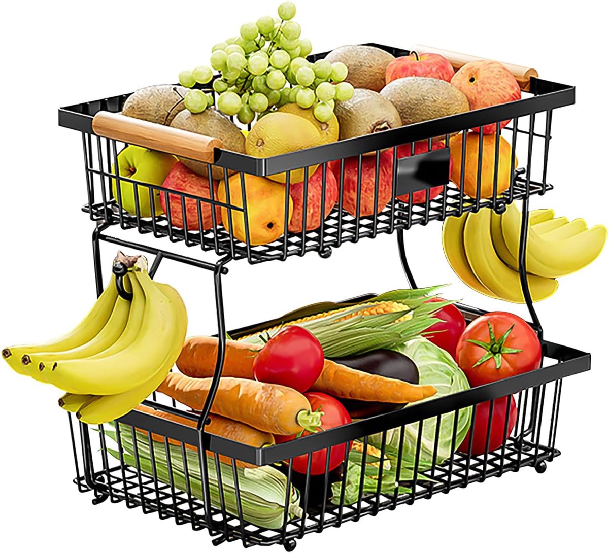 2-Laags Fruitmand met Bananenhaken – Grote Metalen Fruitschaal met Houten Handgrepen – Afneembare Fruitmand voor Fruit, Groente, Brood & Snacks – Ruimtebesparende Keuken Organizer – Zwart