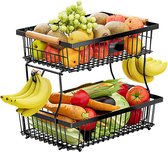 2-Laags Fruitmand met Bananenhaken – Grote Metalen Fruitschaal met Houten Handgrepen – Afneembare Fruitmand voor Fruit, Groente, Brood & Snacks – Ruimtebesparende Keuken Organizer – Zwart