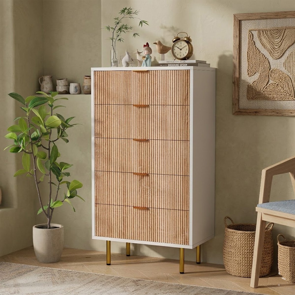 Commode met 5 lades, nachtkastjes voor de slaapkamer, nachtkastje 34x60x109,8 cm, bijzettafels voor de woonkamer met lades, houten opbergkast, commode voor woonkamer, hal, slaapkamer