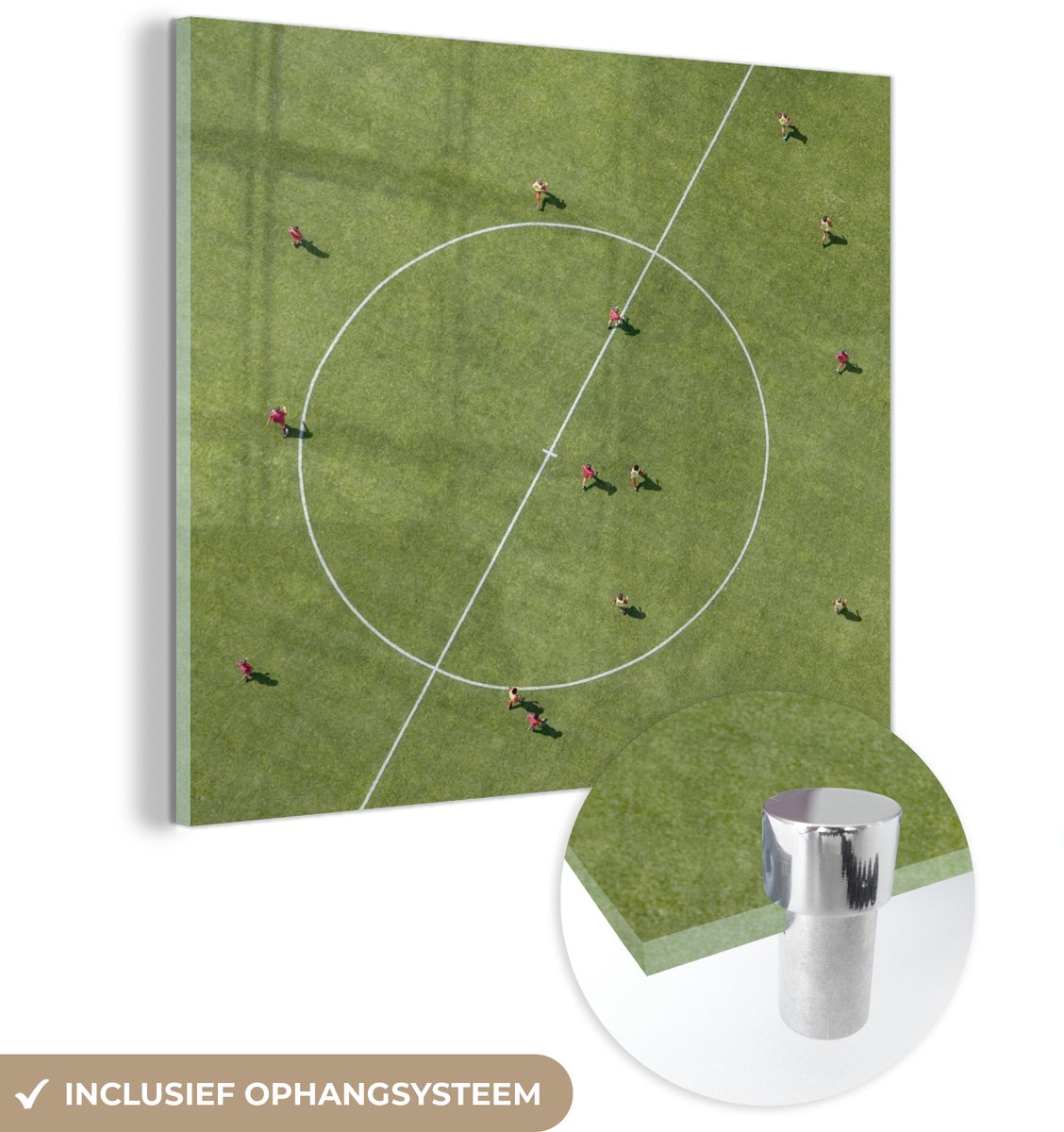 ® Glasschilderij 50x50 cm - Schilderij acrylglas - Sport - Voetbal - Veld - Foto op glas - Muurdecoratie woonkamer - Wanddecoratie slaapkamer - Schilderijen