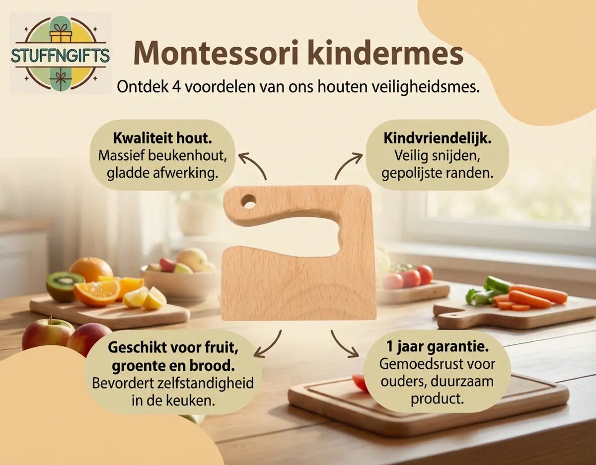 Montessori Houten Kindermes - Kinder Koksmes - Peuter kok - Verjaarsdag cadeau klein - Blanco