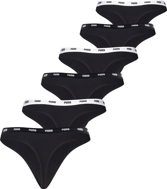 Zes zwarte PUMA strings met een witte elastische tailleband met het PUMA-logo.