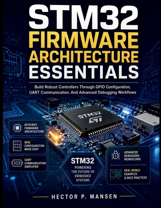 Boekomslag met "STM32 Firmware Architecture Essentials". Beschrijft "Build Robust Controllers Through GPIO Configuration, UART Communication, And Advanced Debugging Workflows".