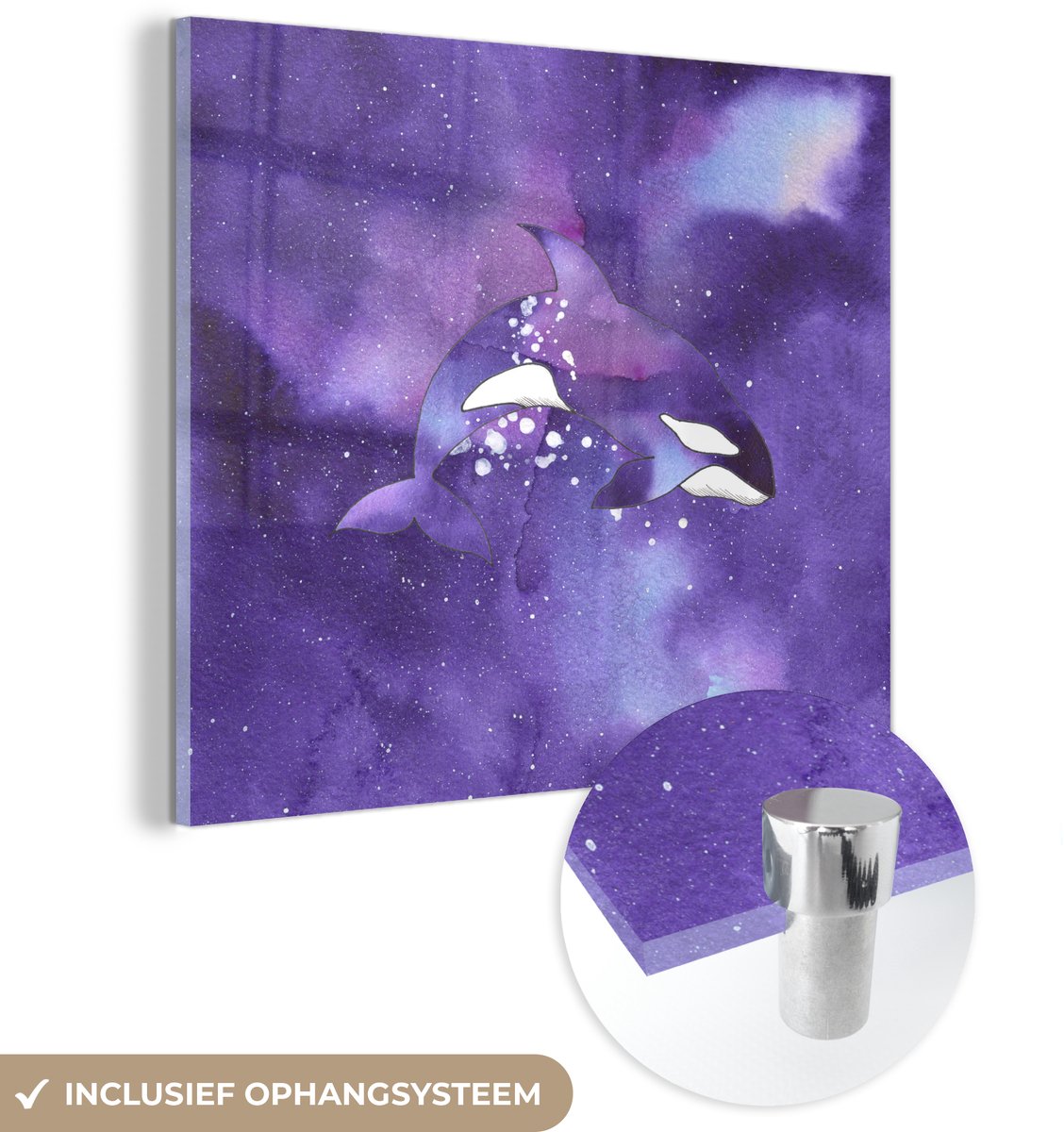® Glasschilderij 90x90 cm - Schilderij acrylglas - Vis - Orka - Paars - Waterverf - Foto op glas - Muurdecoratie woonkamer - Wanddecoratie slaapkamer - Schilderijen