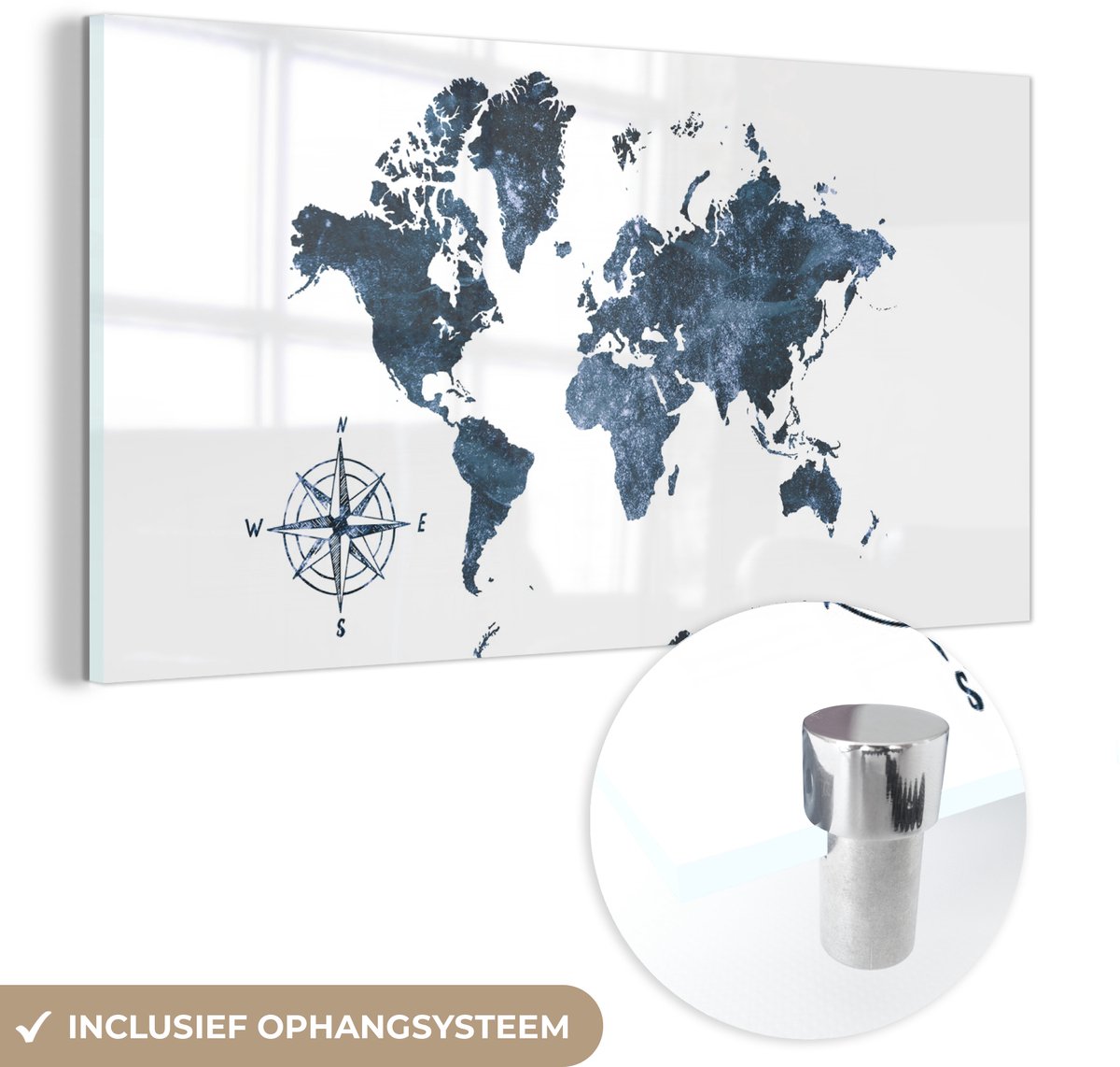 ® Glasschilderij 80x40 cm - Schilderij acrylglas - Wereldkaart - Aquarelverf - Windroos - Foto op glas - Muurdecoratie woonkamer - Wanddecoratie slaapkamer - Schilderijen