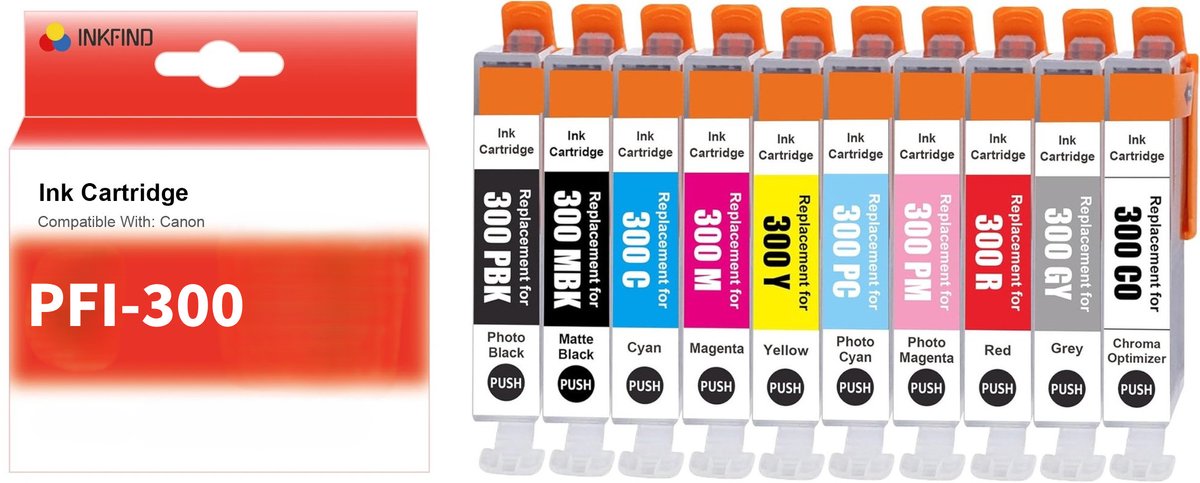 INKFIND PFI-300 Inktcartridge compatibel met Canon PFI-300 voor Canon image PROGRAF PRO-300 PRO300 - 10-pack (Foto Zwart + Mat Zwart + Cyaan + Magenta + Geel + Foto Magenta + Foto Cyaan + Rood + Grijs + Chromar Optimizer)