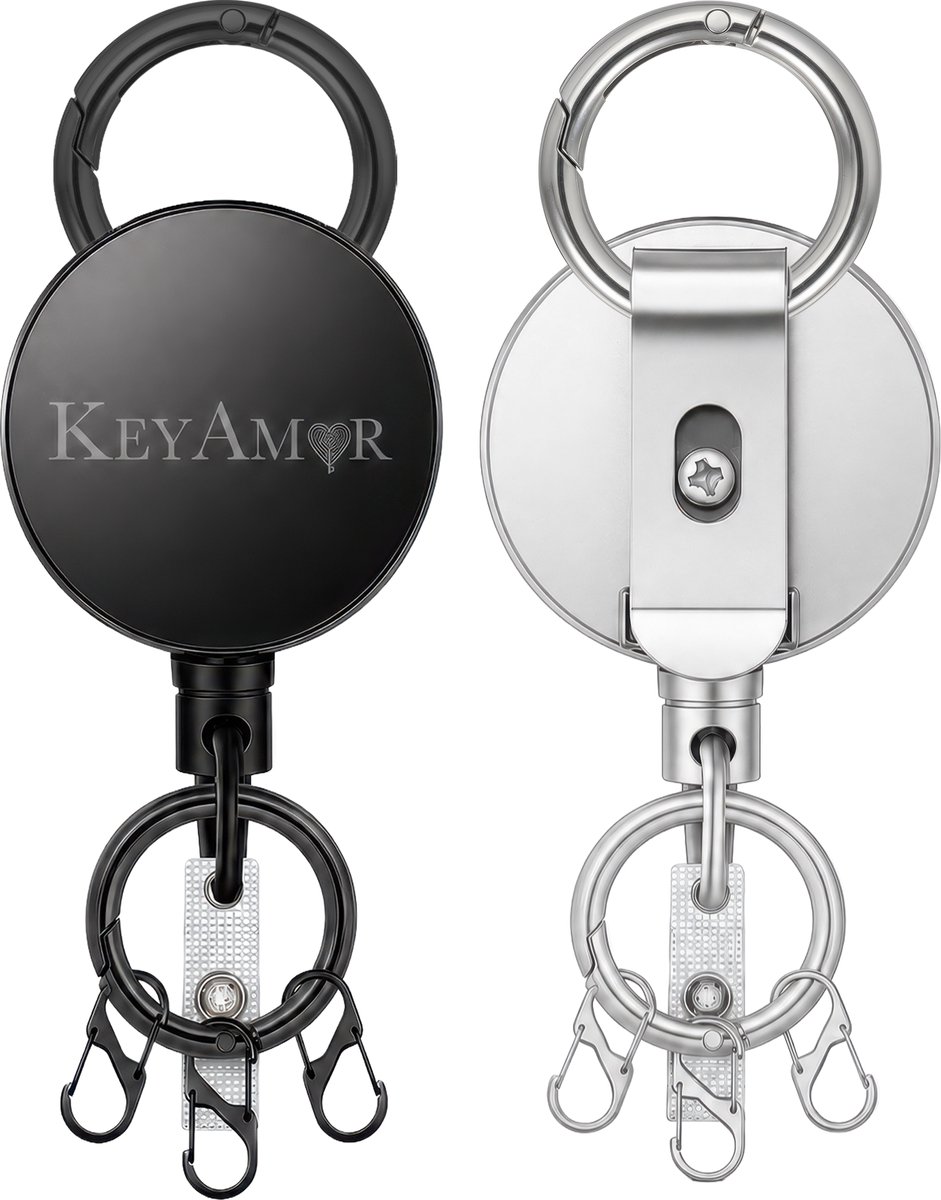 Set van 2 RVS Uittrekbare Sleutelhanger met Lanyard en Karabijnsluiting - Badgehouder met Clip en 60cm koord - Intrekbare Broekclip Karabijnhaak Sleutelkoord - Afrolmechanisme voor Badges en Sleutels - ID Jojo Pasjeshouder Keycord\Keykoord - Zilver