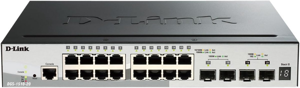 D-Link DGS-1510-20 Smart Managed Gigabit Stack Switch (20 poorten, waarvan 16 x 10/100/1000 Mbit/s, 2 x SFP, 2 x 10G SFP+)