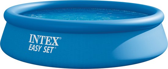 Blauw Intex Easy Set zwembad met een witte opblaasbare rand, gevuld met helder blauw water.