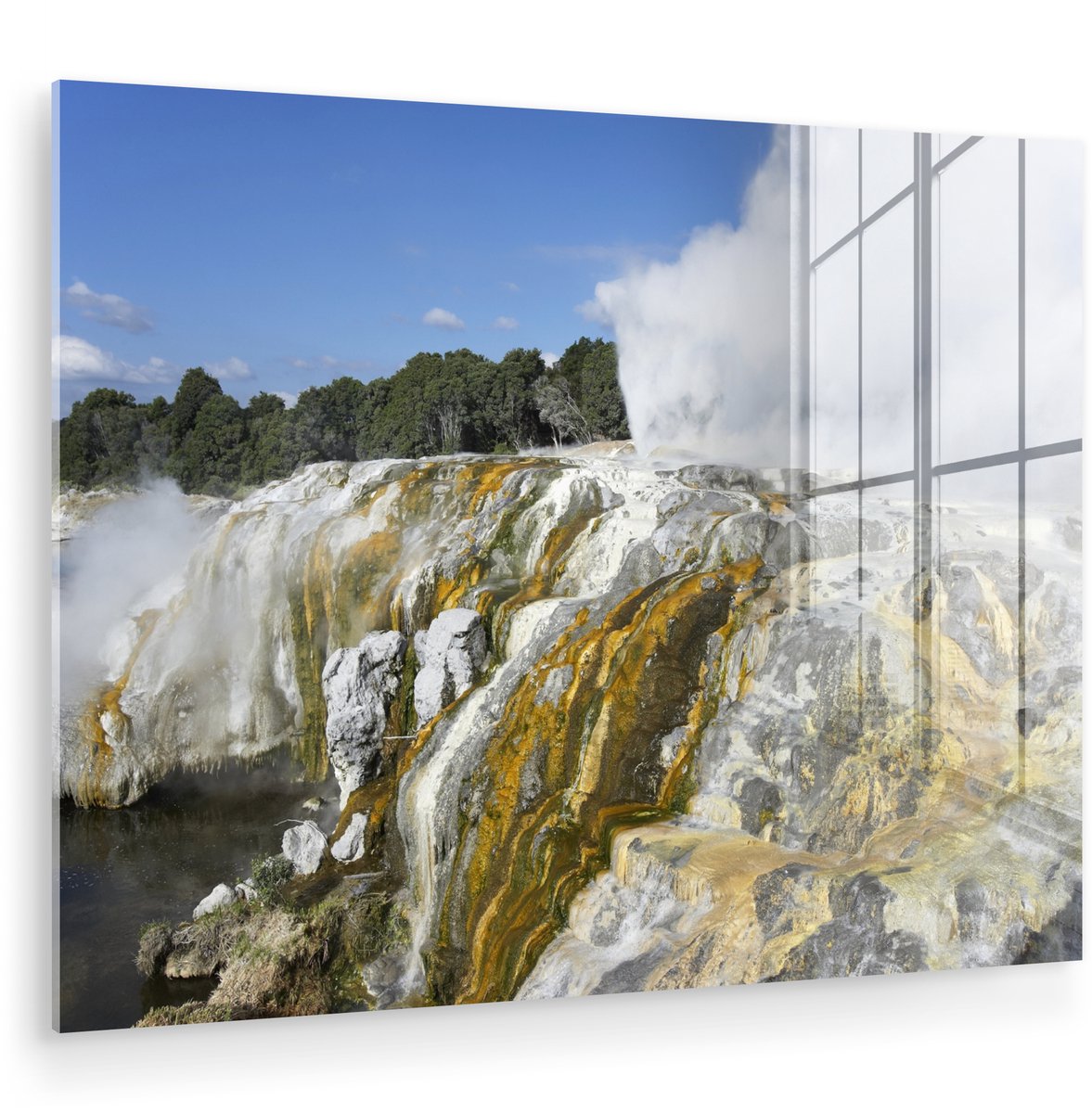 ® Glasschilderij 80x60 cm - Schilderij acrylglas - Uitbarstende Pohutu-geiser bij Whakarew