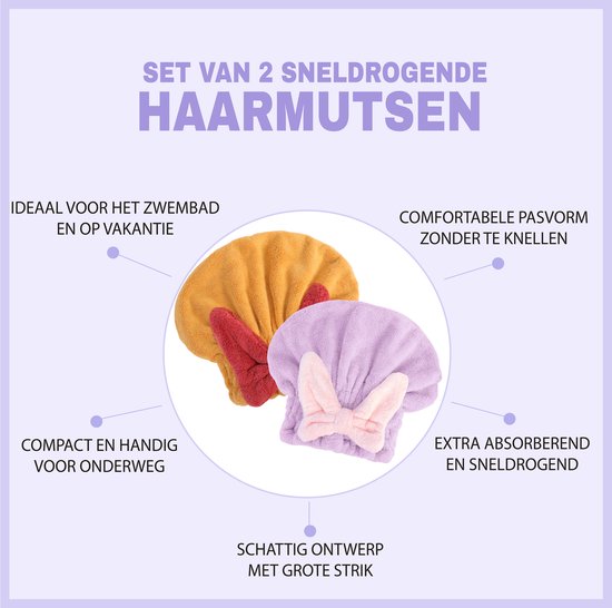 Set van 2 Sneldrogende Haarmutsen voor Kinderen - Microvezel Handdoekmuts met Grote Strik - 3 Maanden tot 3 Jaar — afbeelding 4