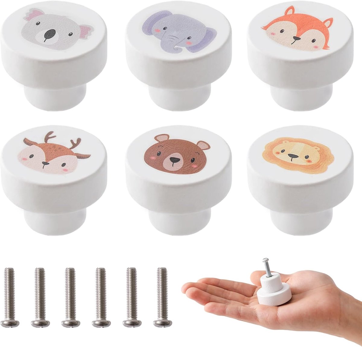 Kastknoppen Hout - Dierenprint Ladeknoppen - 6 Stuks 35 mm - Glad Oppervlak Met Schroeven - Voor Kinderkamer Meubels - Wit Met Kleurrijke Motieven