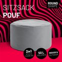 Grijze poef met de tekst "Sitzsack Pouf" en "Round Shape".