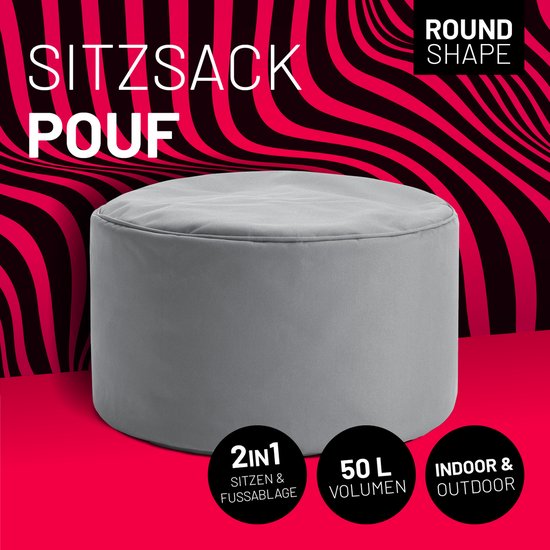 Grijze poef met de tekst "Sitzsack Pouf" en "Round Shape".