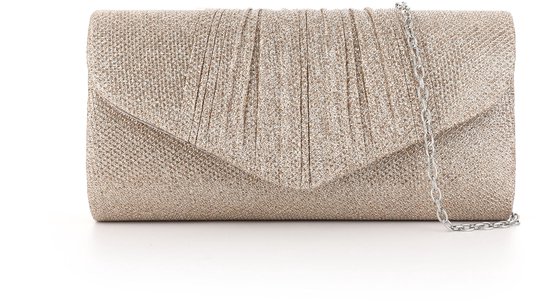 Pochette enveloppe scintillante avec rabat plissé – Sac de soirée élégant pour femmes – Sac à main de fête avec chaîne amovible – 24 x 14 cm - Champagne