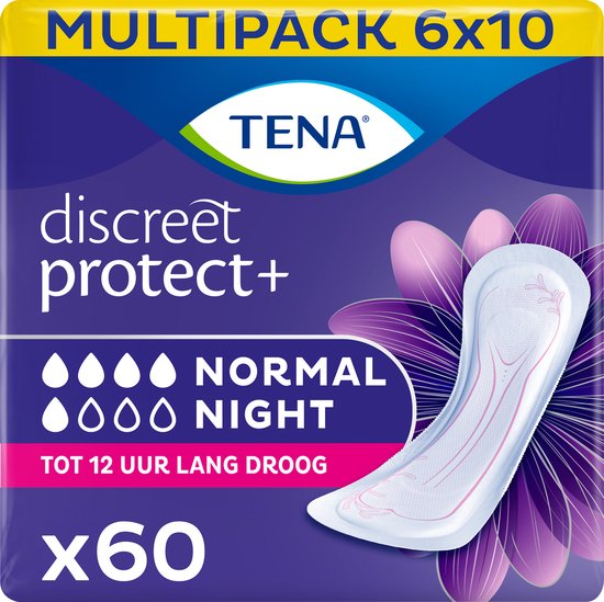 Verpakking TENA Discreet Protect+ Normal Night met 60 stuks. Op de verpakking staat 'MULTIPack 6x10'.