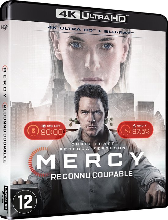 4K Ultra HD Blu-ray hoes met Chris Pratt en Rebecca Ferguson in een setting met een stadsgezicht. Twee rode displays tonen '90:00' en 'Guilty 97.5%'.