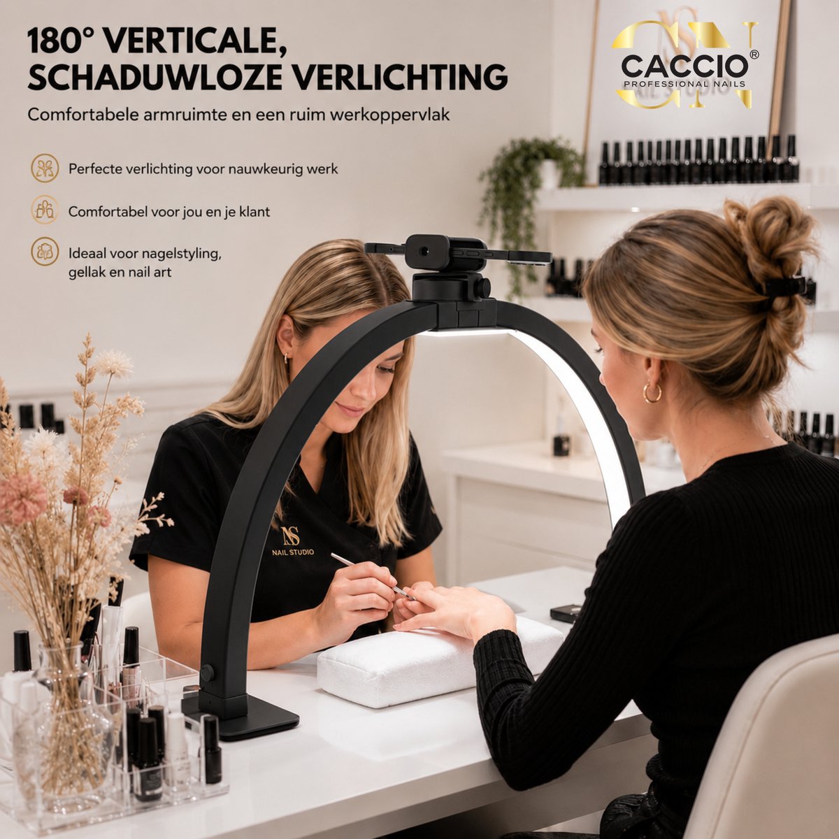 CACCIO®LED Nagellamp Bureau lamp – Tafellamp - Opvouwbaar – Schaduwloze Verlichting – 3 Lichtstanden – Dimbaar – Met Telefoonhouder – Zwart - Voor Nagelstudio Nail Art Tattoo & Beauty – 75 cm lang - nagellamp led-manicure lamp-nagelstudio verlichting