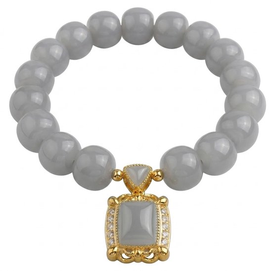 Bracelet élastique en perles Grijs doré avec pendentif carré et détails en pierre décorative