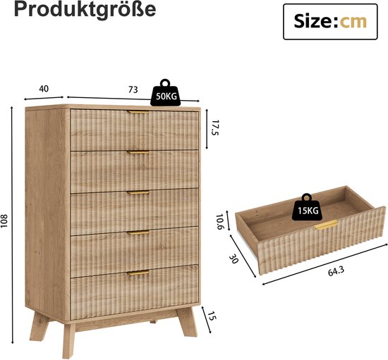 Afmetingen van de houten ladekast met 5 laden, golvend front en gouden handgrepen.