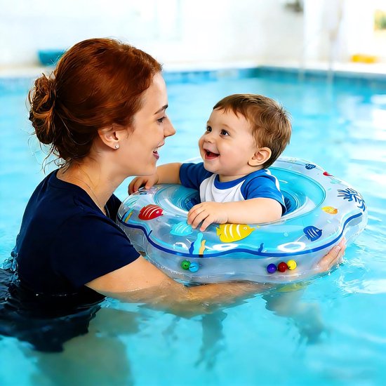 Babyzwemring - zitring - buikring voor baby's - opblaasbare drijfmat - zwemhulpmiddel - geschikt voor zwemtraining van baby's en peuters van 6-12 maanden - blauw - 52 cm - binnendiameter 21 cm — afbeelding 3