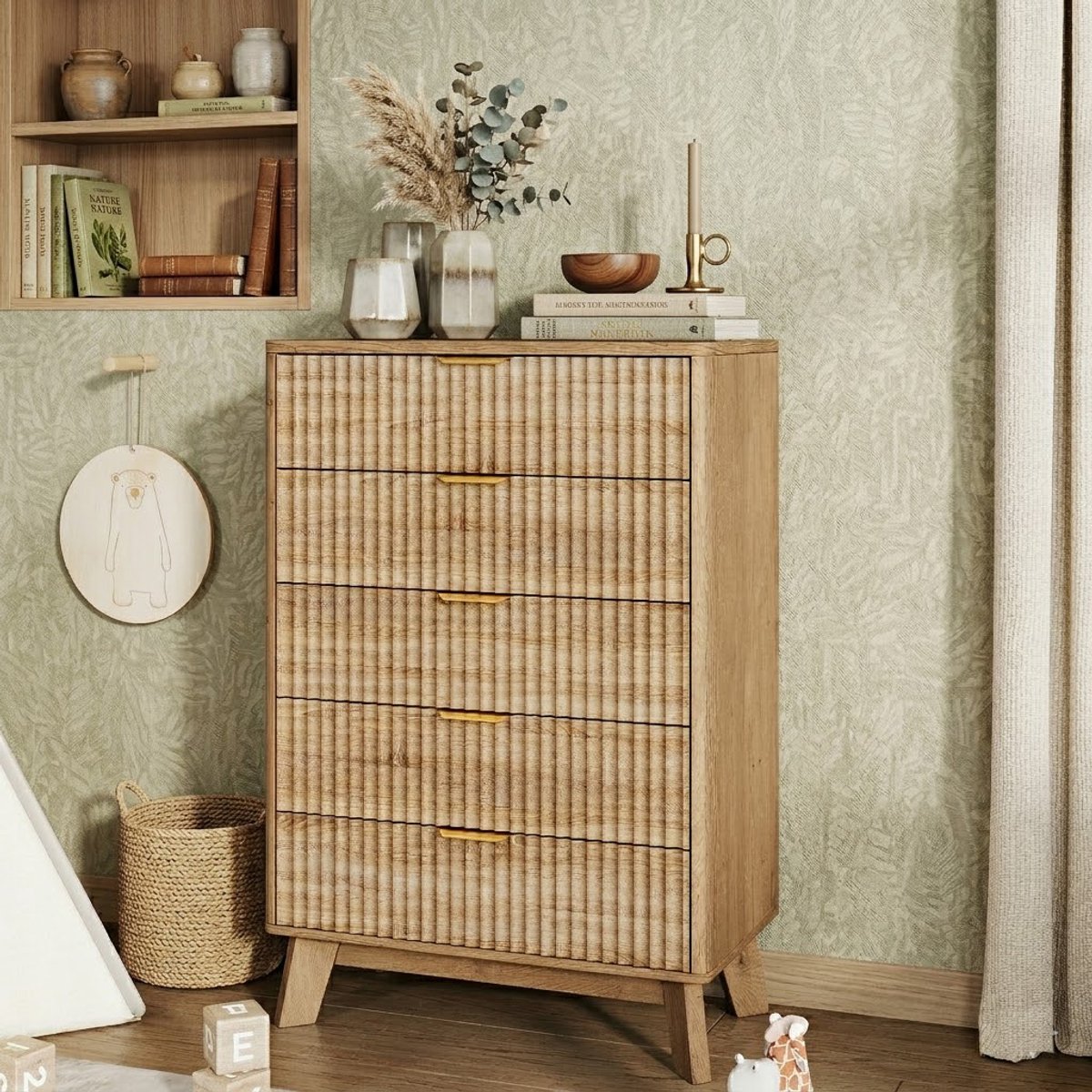 Commode met 5 laden, 73x40x108cm, slaapkamercommode, opbergkast van rotan en hout, ladekast met handgrepen en poten, opbergkast voor slaapkamer, woonkamer en hal