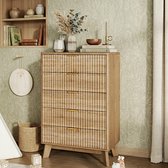 Commode met 5 laden, 73x40x108cm, slaapkamercommode, opbergkast van rotan en hout, ladekast met handgrepen en poten, opbergkast voor slaapkamer, woonkamer en hal