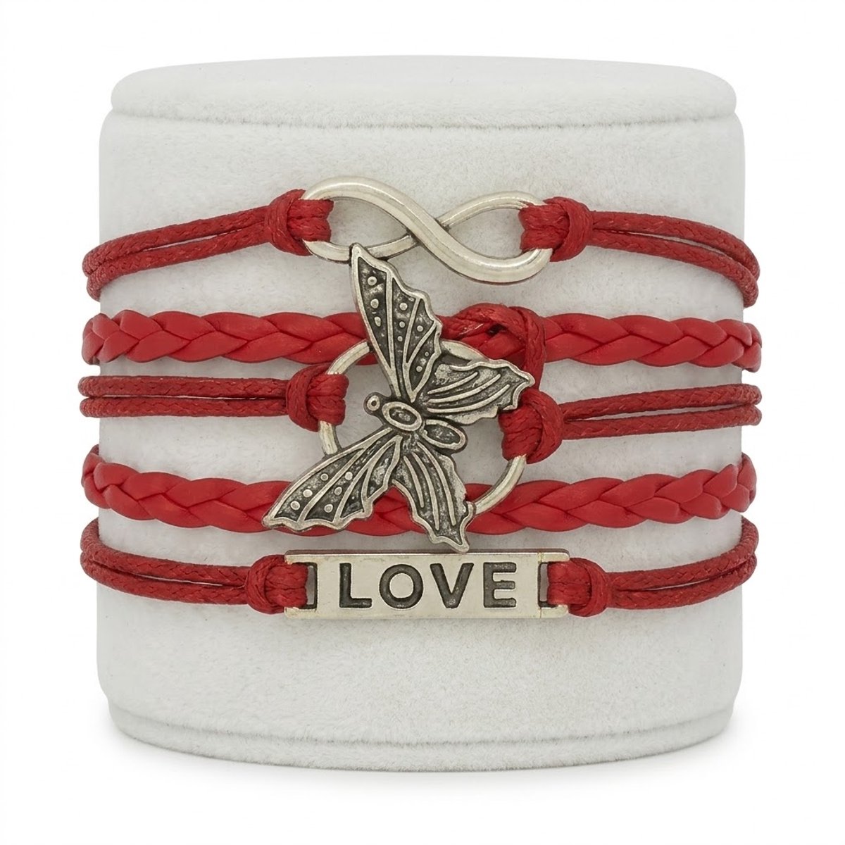 Rode Love Armband voor vrouwen met Vlinder en Infinity Symbool – Vlechtarmband met Charms