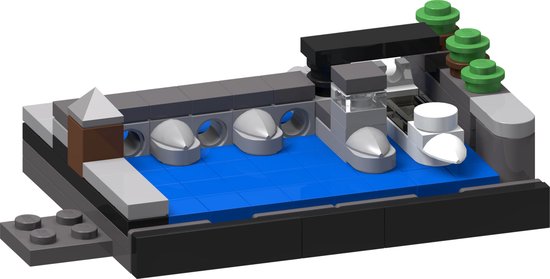 Model van de Sint Servaasbrug met blauw water, groen bomen en grijze architectuur.