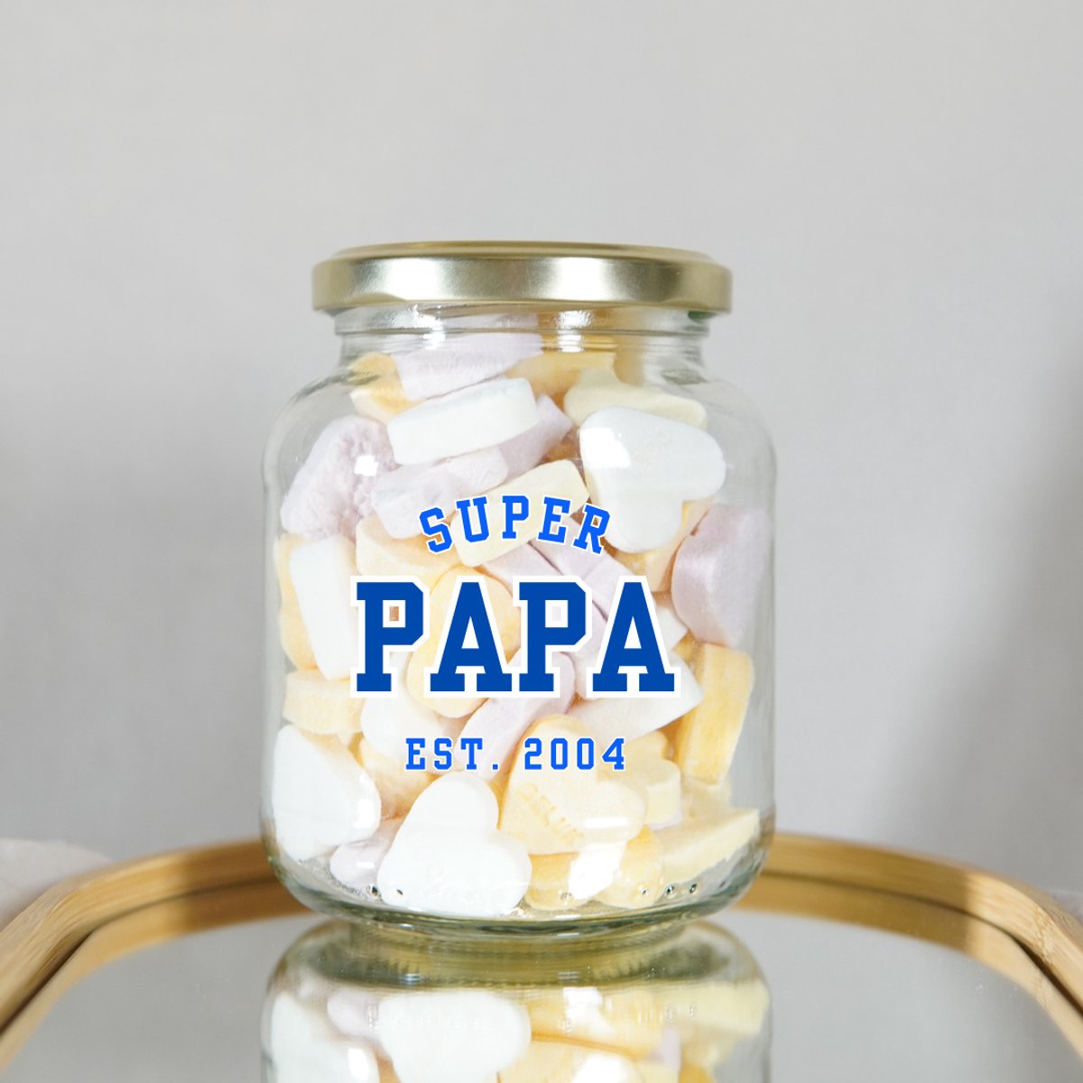 Gepersonaliseerd Super Papa Cadeau - Snoeppot met Geboortejaar Kinderen - Vaderdag Cadeau - Gepersonaliseerd Vaderdag Geschenk - Glazen Snoeppot met 200 gram Snoepjes