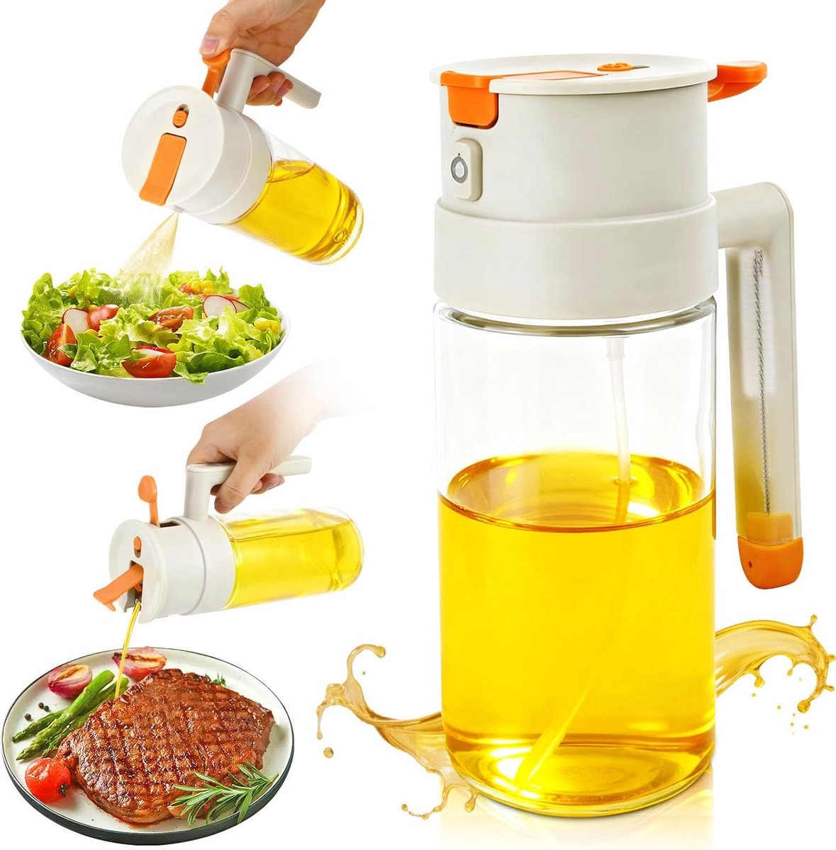 650ml keukenolieverstuiver, 2-in-1 BPA-vrij glazen oliespray met portiecontrole en ingebouwde reinigingsborstel, geschikt voor airfryer, salades, barbecue en dagelijks koken.