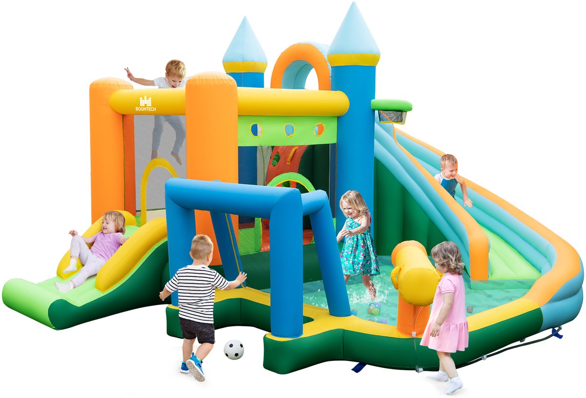 COSTWAY Opblaasbaar springkasteel, waterpark met 2 glijbanen, kinderbadje, klimwand, waterwerper, 50 speelballen en kleurrijke ringen, nat-droogcombinaties, 463 x 395 x 251 cm