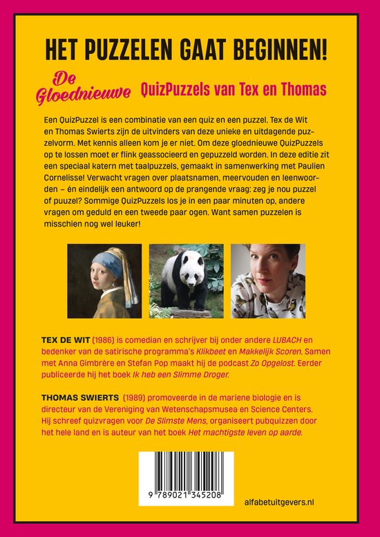 Achterkant 'De Gloednieuwe QuizPuzzels' met tekst en afbeeldingen van Meisje met de parel, een panda en een vrouw.